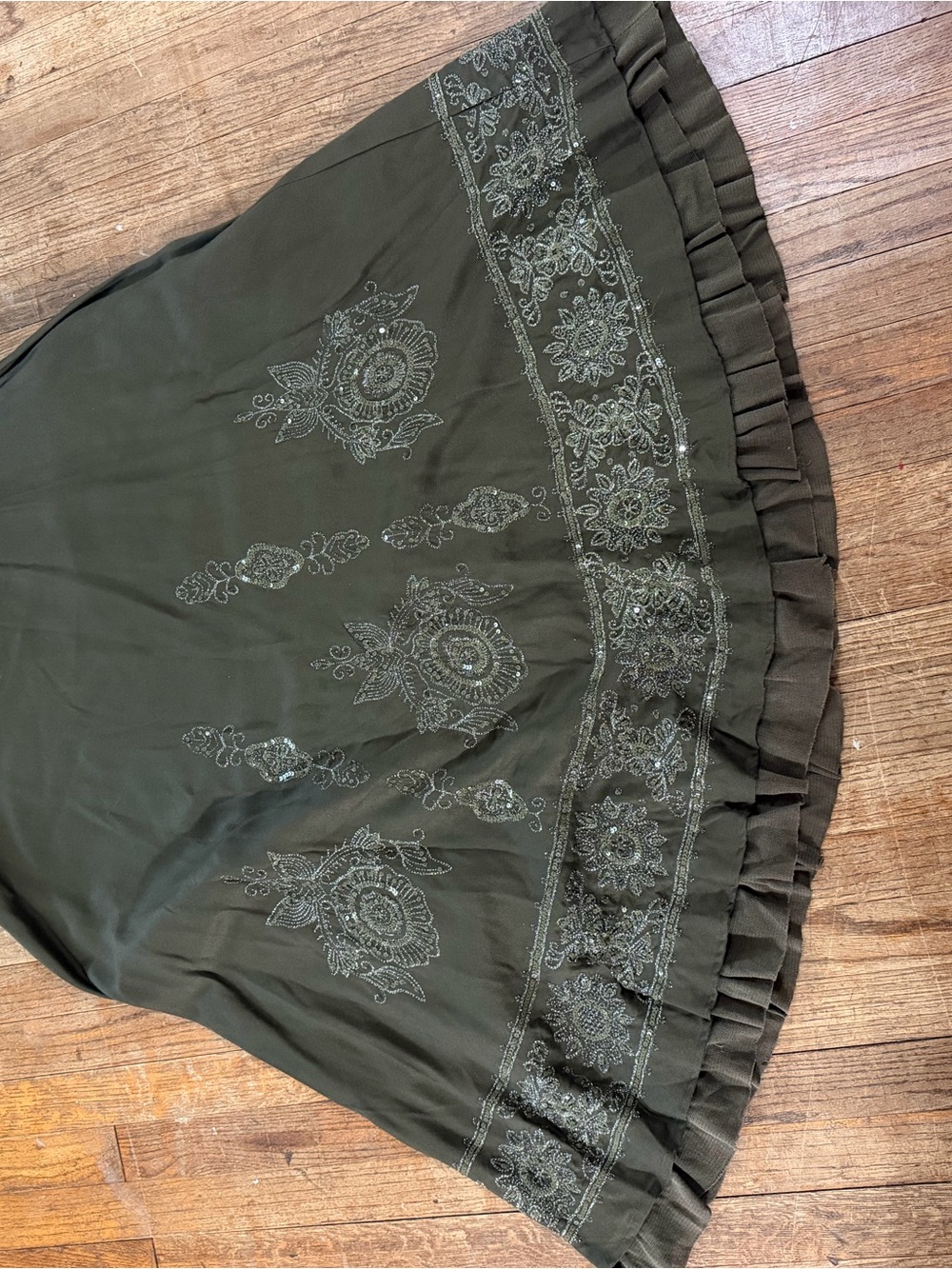 Coldwater Creek Olive Green Embroidered Ruffle Hem Skirt
